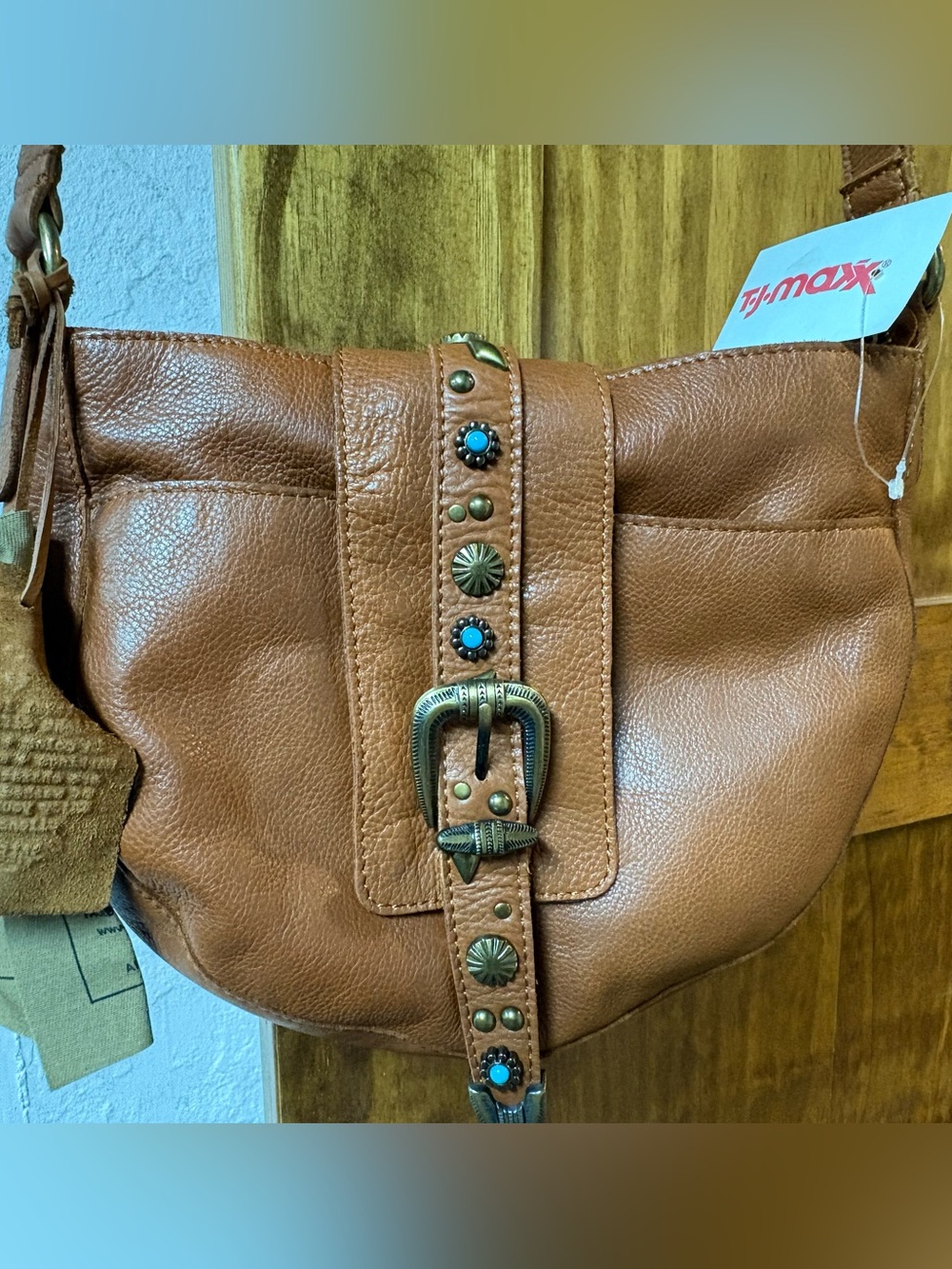 Women’s Brown Leather Shoulder Bag with Studded Turquoise Accents